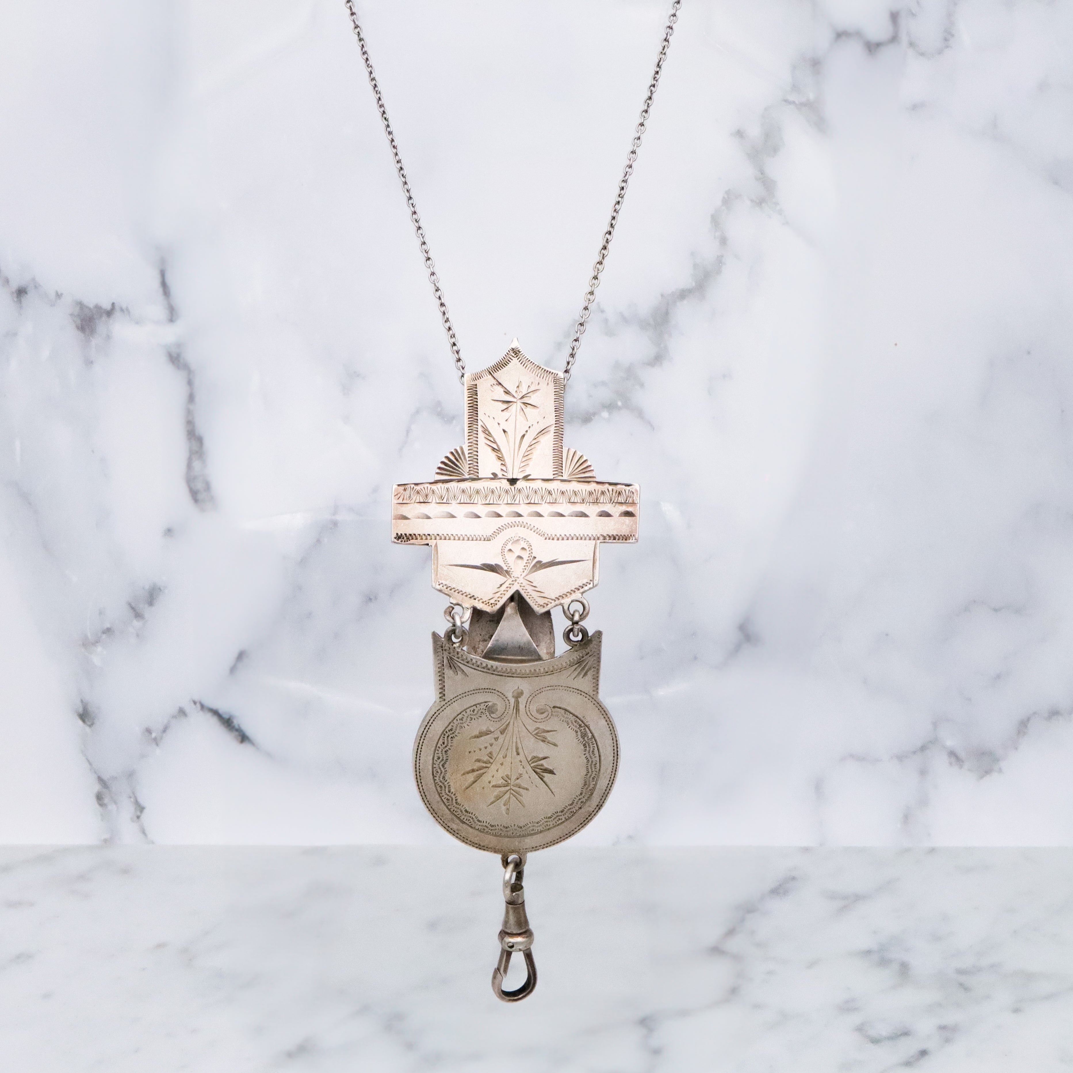 Antique Aesthetic Period engraved sterling chatelaine clip